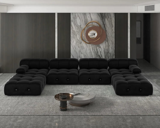 Sofás modulares minimalistas Matrix | Seccionales en forma de U de terciopelo negro de 6 piezas y 4 plazas