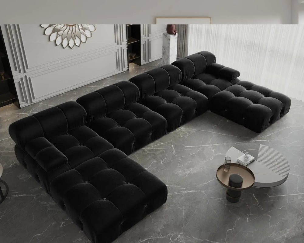 Matrix Minimalist Modular Sofas | 6-Piece Black Velvet U-Shaped Sectionals 4-Seater