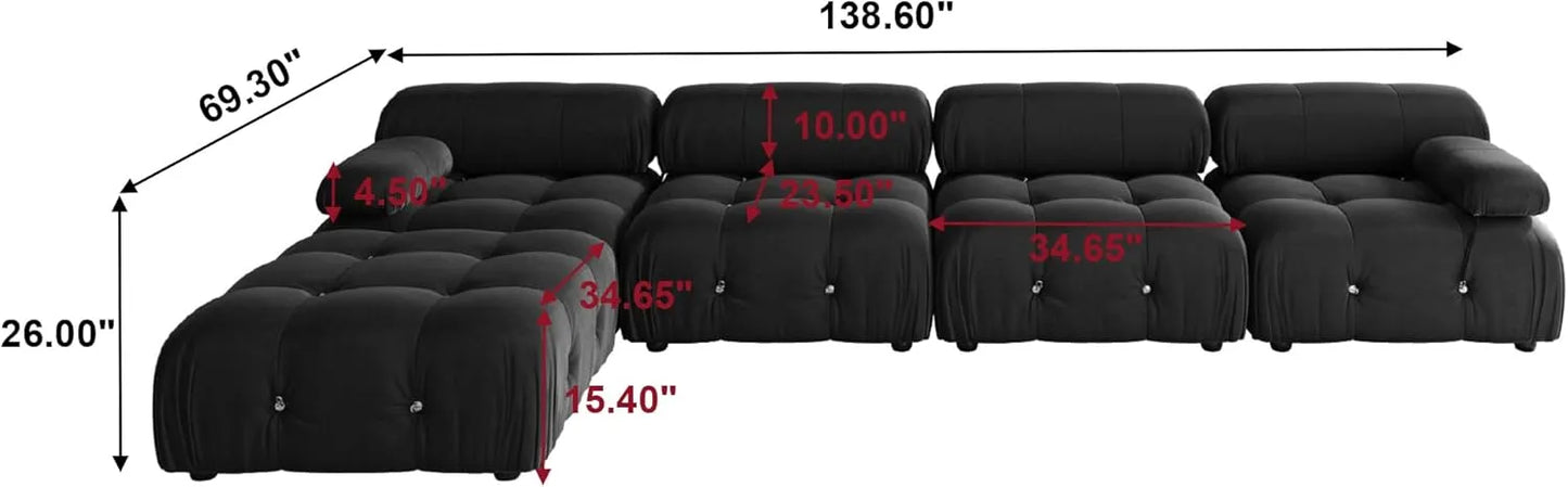 Matrix Minimalist Modular Sofas | Black Velvet Couch Sectionals 4-seaters with 1 Ottoman