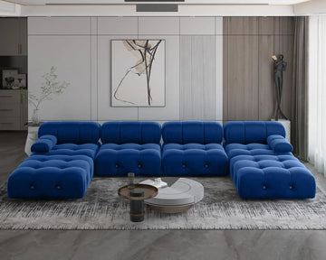 Matrix 4-Seater Blue Modular U-Shaped Sectional | 6-Piece (includes 2 Ottomans), Velvet Fabric, Roomy Layout