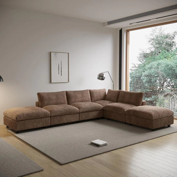 Deluxe Cloud 4-Seater Brown Washable L-Shaped Sectional | 6-Piece (includes 2 Ottomans), Plush Fabric, Modular Design
