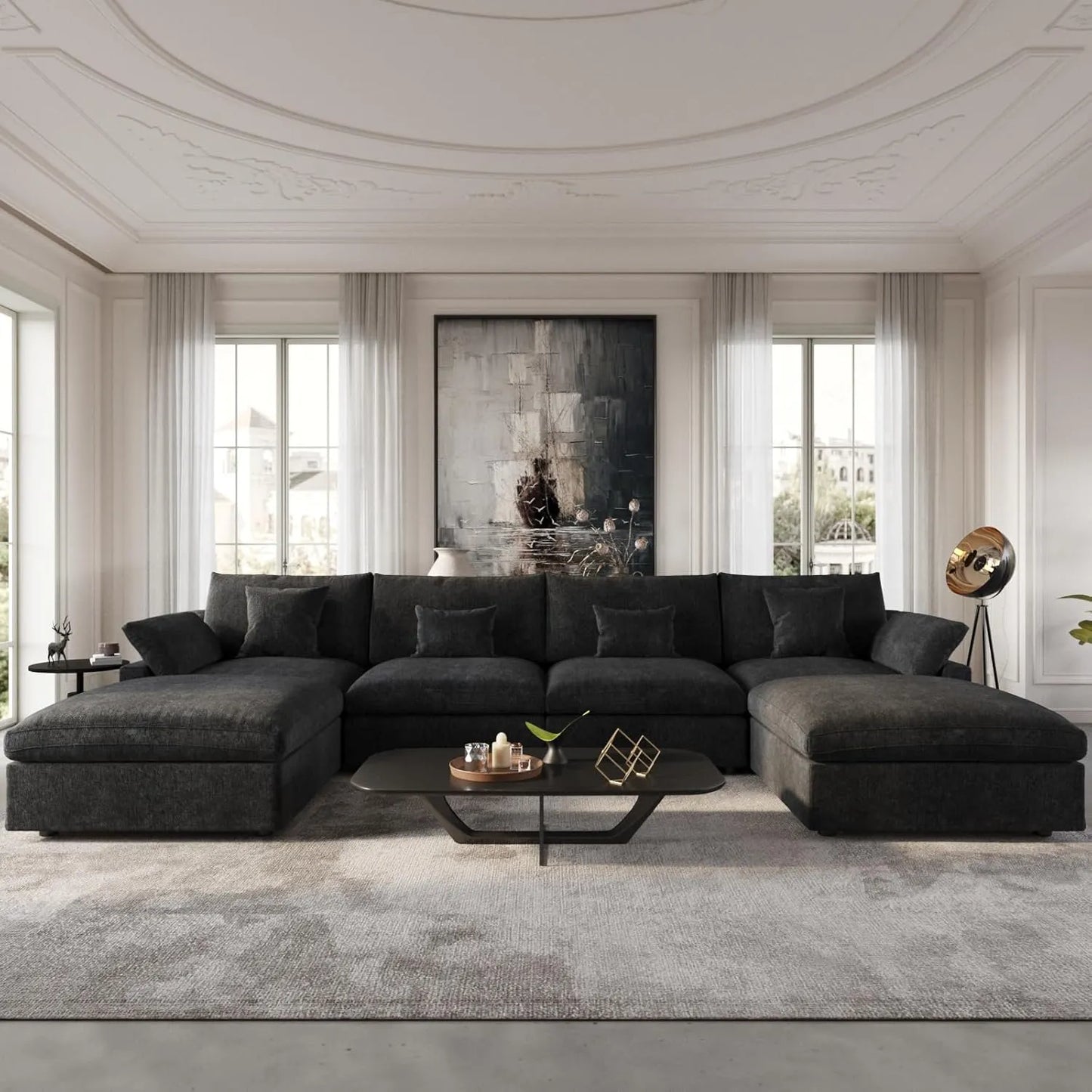 Deluxe Slope Cloud Sectional Sofas | Linen Black U-shaped Sectionals 160" Adjustable Backrest Pillows 4-seaters