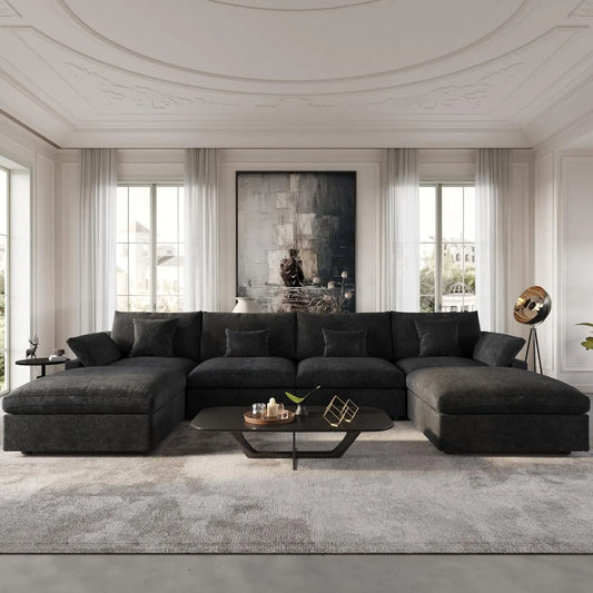 Deluxe Slope Cloud Sectional Sofas | 6-Piece Linen Black U-shaped Sectionals 160" Adjustable Backrest Pillows 4-seaters
