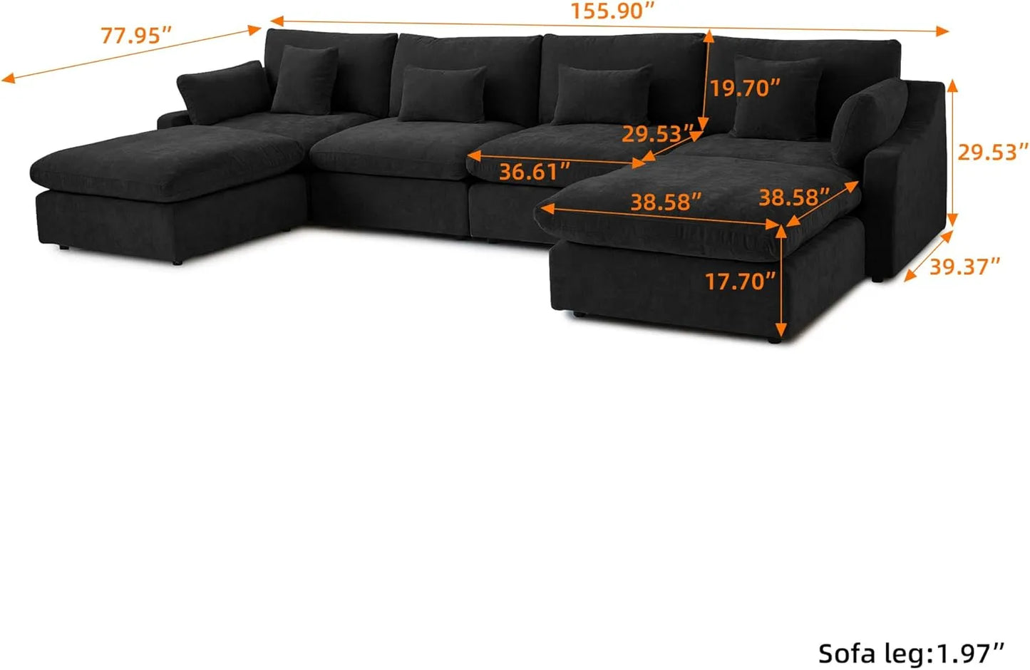 Deluxe Slope Cloud Sectional Sofas | Linen Black U-shaped Sectionals 160" Adjustable Backrest Pillows 4-seaters