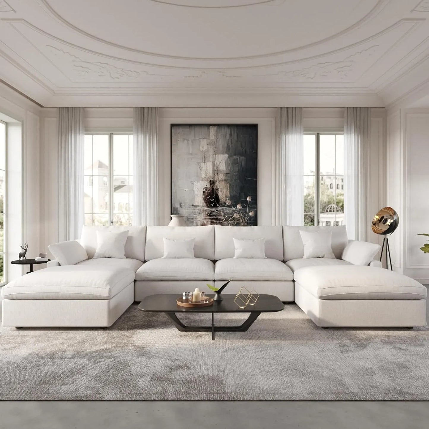 Deluxe Slope Cloud Sectional Sofas | Linen White U-shaped Sectionals 160" Adjustable Backrest Pillows 4-seaters