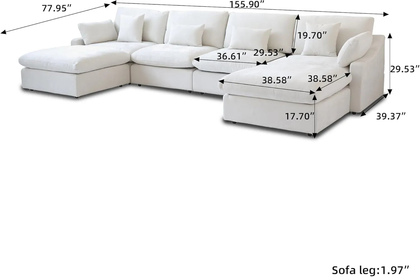 Deluxe Slope Cloud Sectional Sofas | Linen White U-shaped Sectionals 160" Adjustable Backrest Pillows 4-seaters