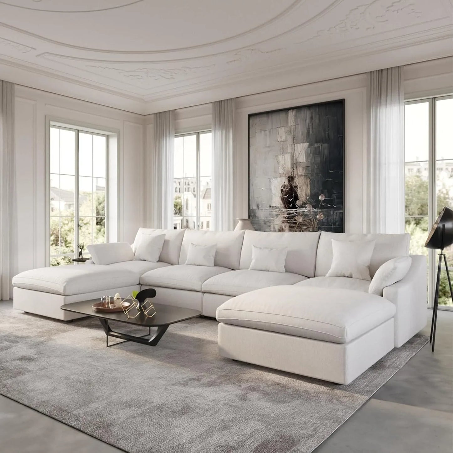 Deluxe Slope Cloud Sectional Sofas | Linen White U-shaped Sectionals 160" Adjustable Backrest Pillows 4-seaters