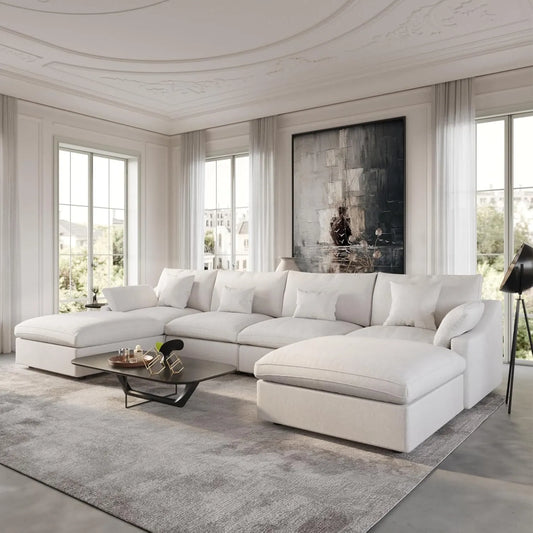 Deluxe Slope Cloud Sectional Sofas | 6-Piece Linen White U-shaped Sectionals 160" Adjustable Backrest Pillows 4-seaters