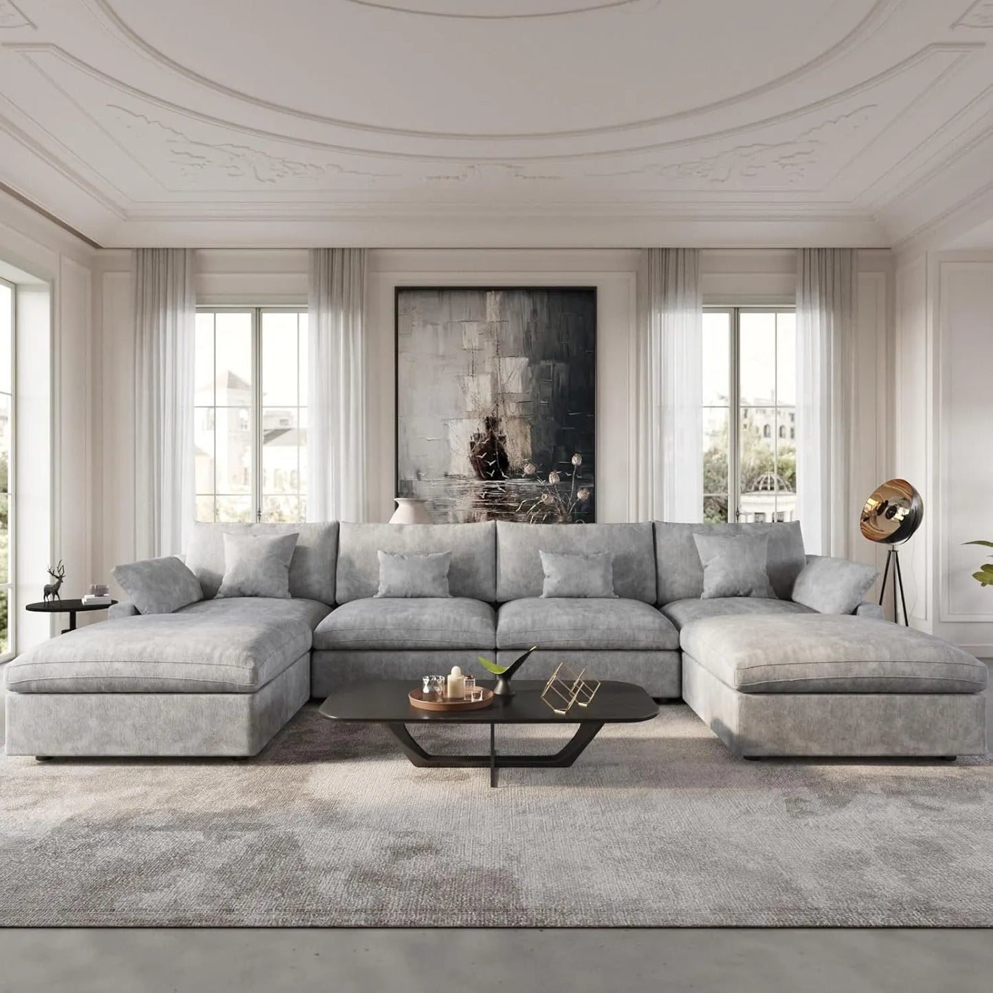 Deluxe Slope Cloud Sectional Sofas | Linen Light Grey U-shaped Sectionals 160" Adjustable Backrest Pillows 4-seaters