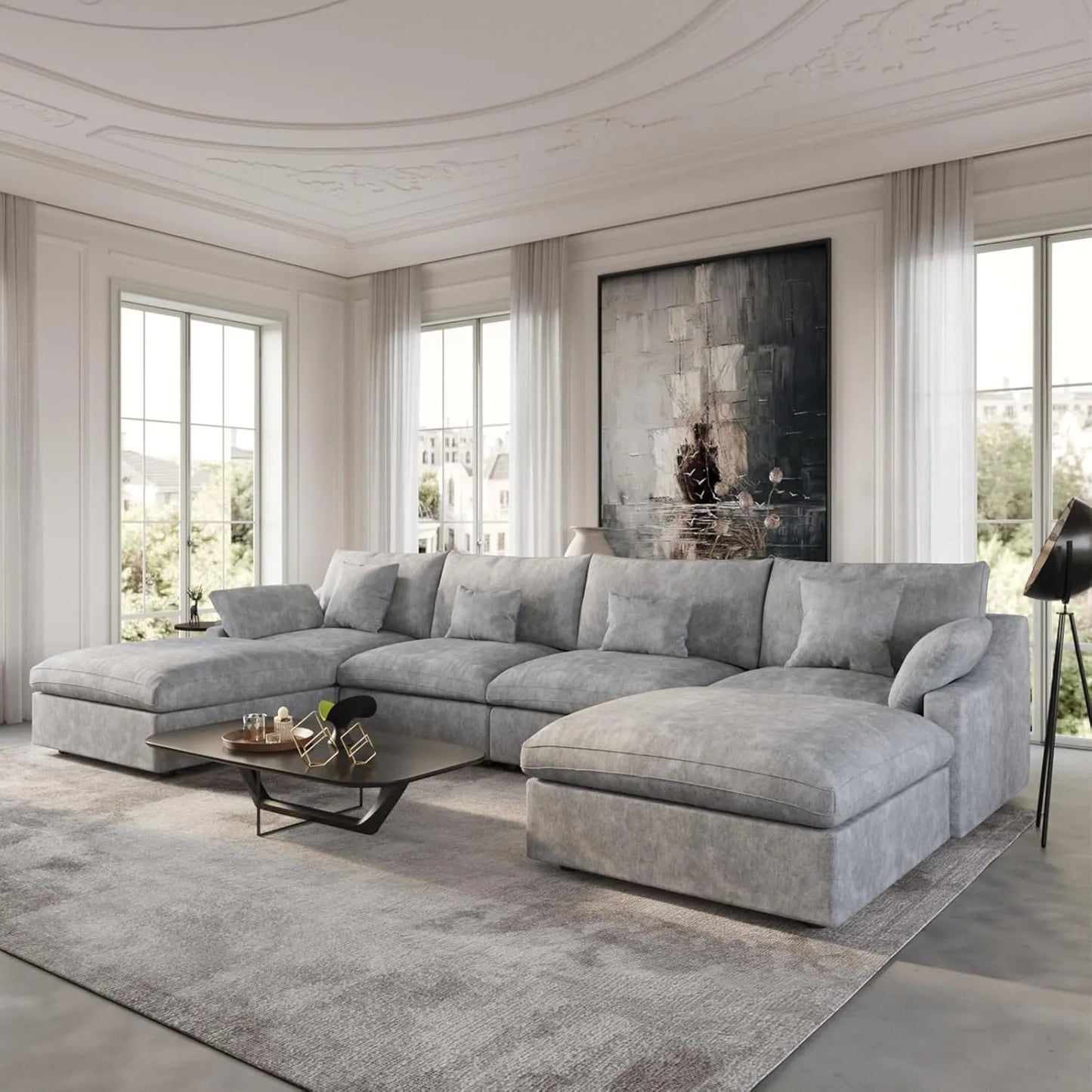 Deluxe Slope Cloud Sectional Sofas | Linen Light Grey U-shaped Sectionals 160" Adjustable Backrest Pillows 4-seaters