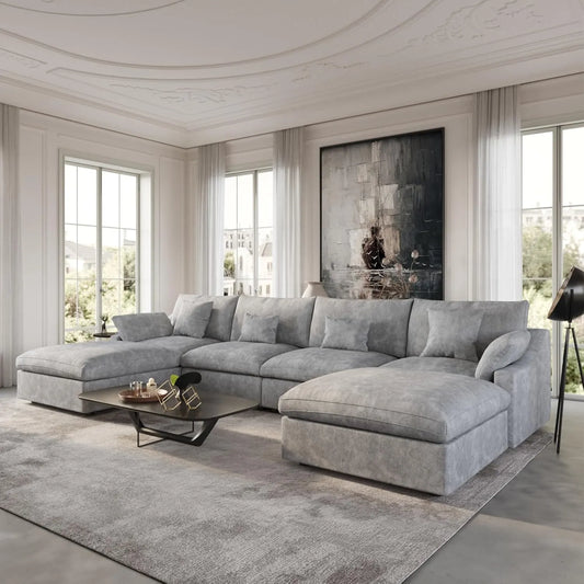 Deluxe Slope Cloud Sectional Sofas | 6-Piece Linen Light Grey U-shaped Sectionals 160" Adjustable Backrest Pillows 4-seaters