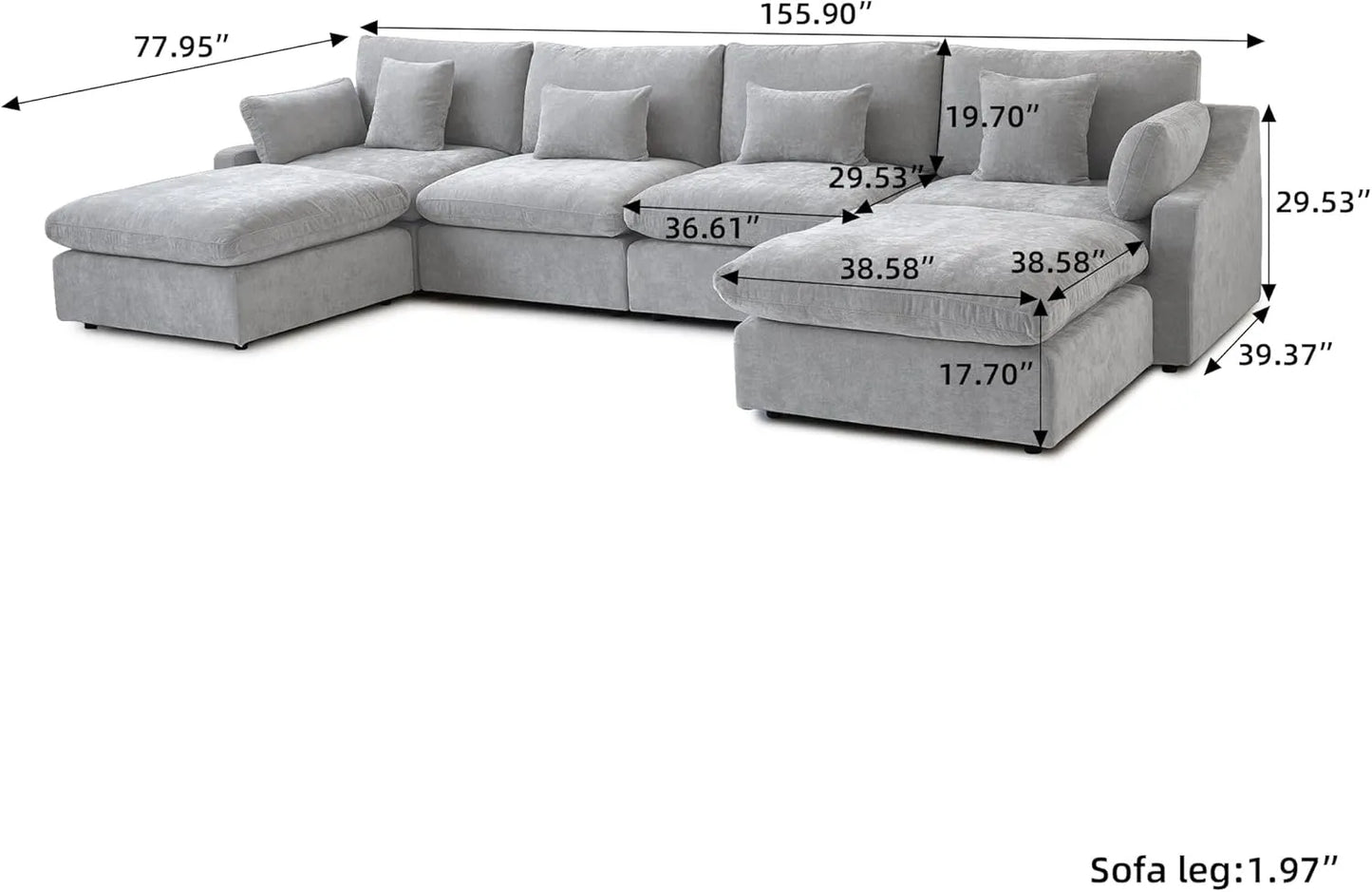 Deluxe Slope Cloud Sectional Sofas | Linen Light Grey U-shaped Sectionals 160" Adjustable Backrest Pillows 4-seaters