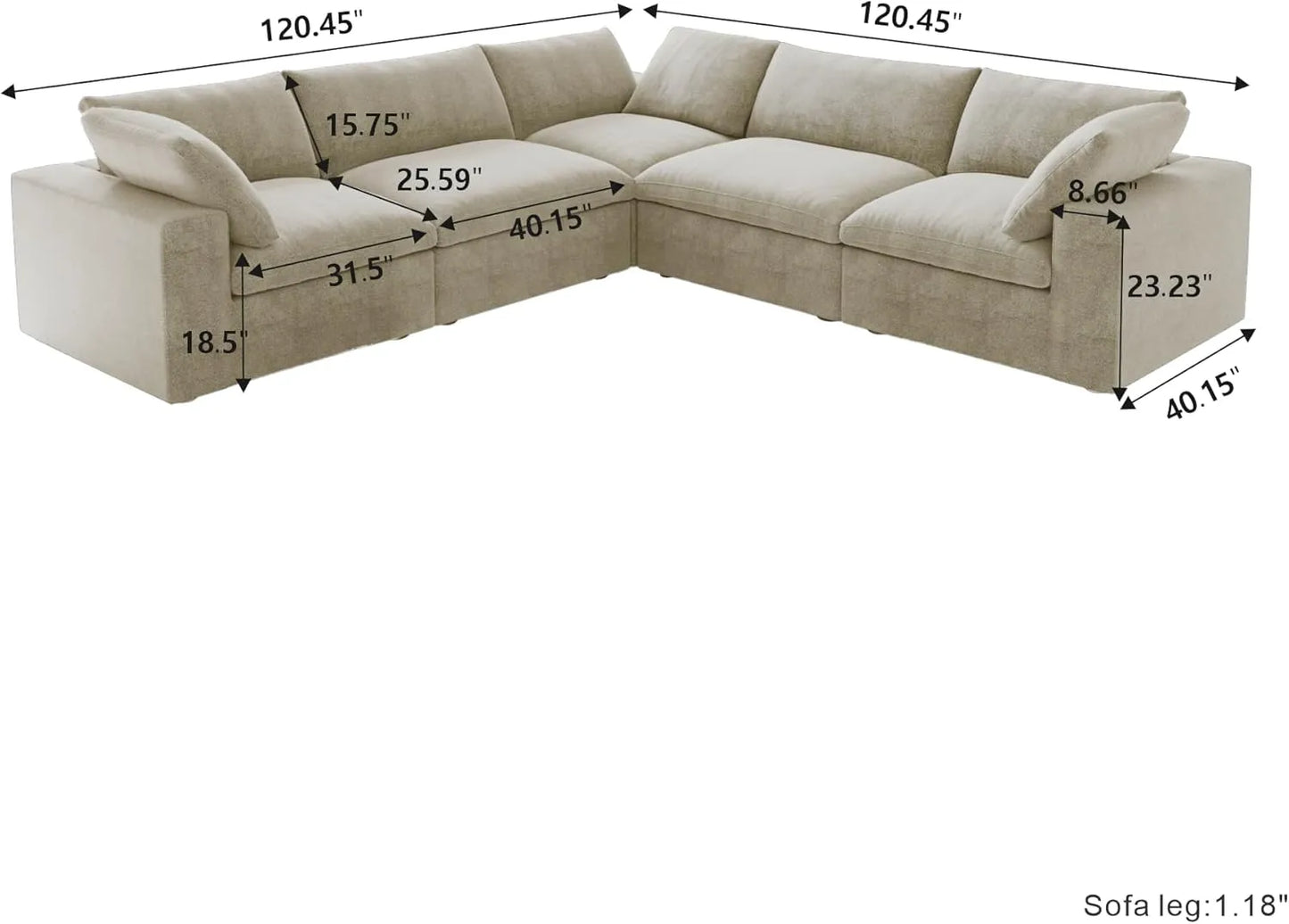 Deluxe Premium Cloud Sectional Sofas | Cotton and Linen Khaki V-shaped Sectionals 160" Removable & Washable Covers 5-seaters