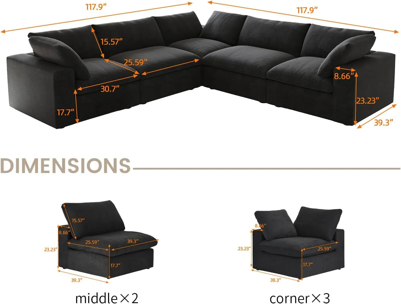 Deluxe Premium Cloud Sectional Sofas | Cotton and Linen Black V-shaped Sectionals 120" Removable & Washable Covers 5-seaters