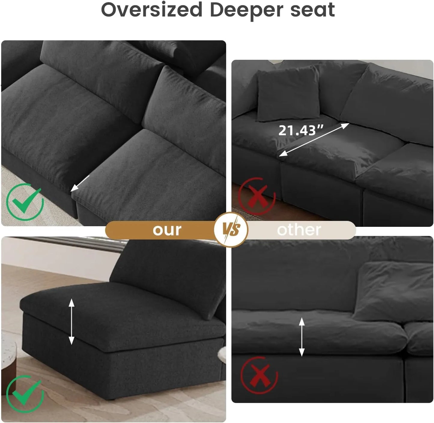 Deluxe Premium Cloud Sectional Sofas | Cotton and Linen Black V-shaped Sectionals 120" Removable & Washable Covers 5-seaters