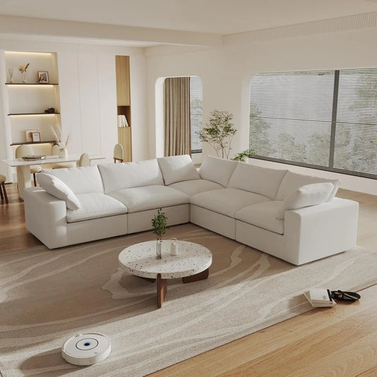 Deluxe Premium Cloud Sectional Sofas | 5-Piece Cotton and Linen White V-shaped Sectionals 160" Storage Ottoman 5-seaters
