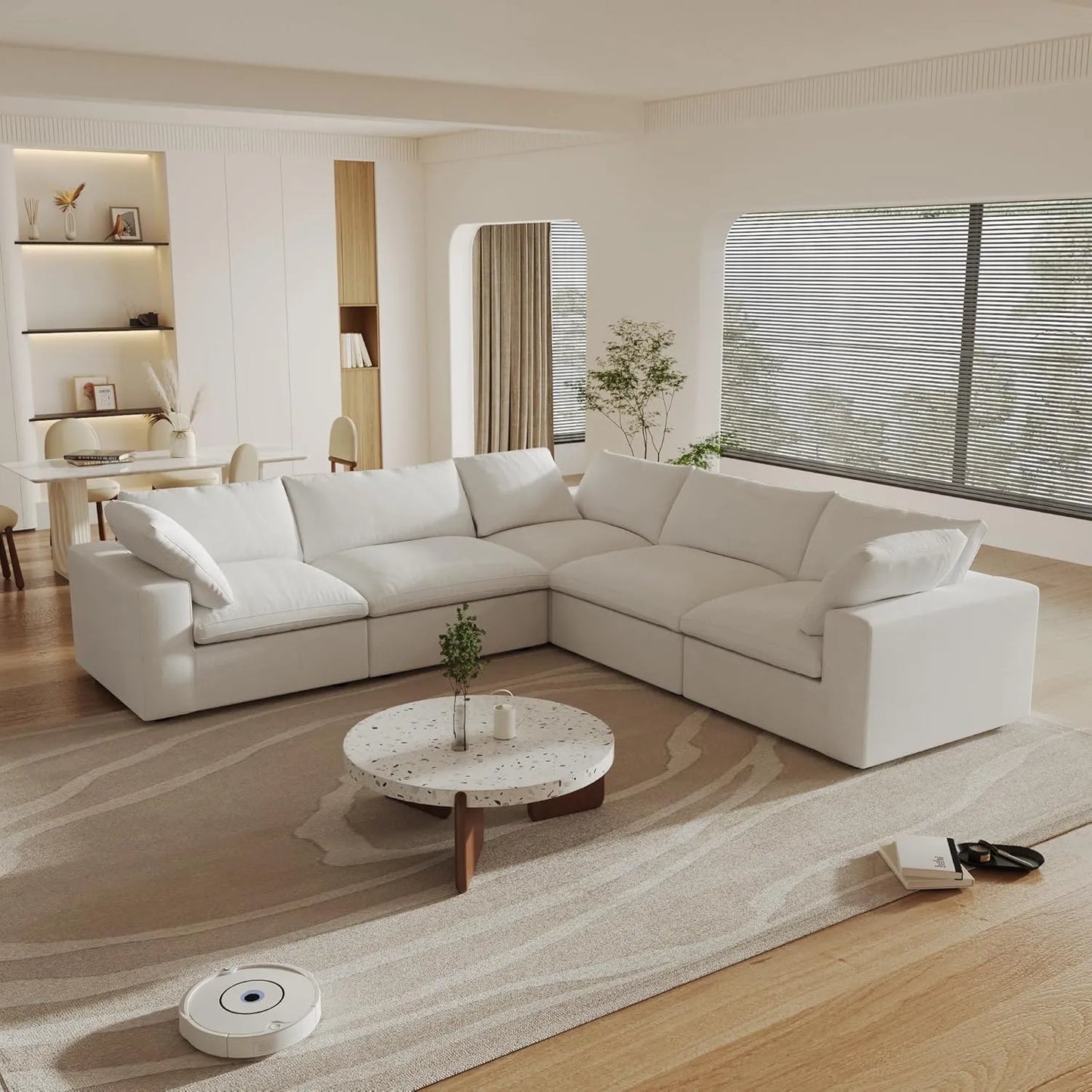 Deluxe Premium Cloud Sectional Sofas | 5-Piece Cotton and Linen White V-shaped Sectionals 160" Storage Ottoman 5-Seater