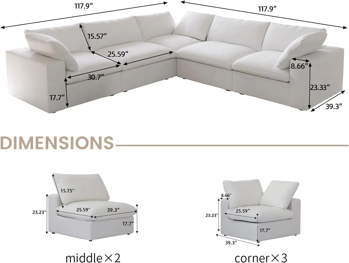 Deluxe Premium Cloud Sectional Sofas | 5-Piece Cotton and Linen White V-shaped Sectionals 160" Storage Ottoman 5-seaters