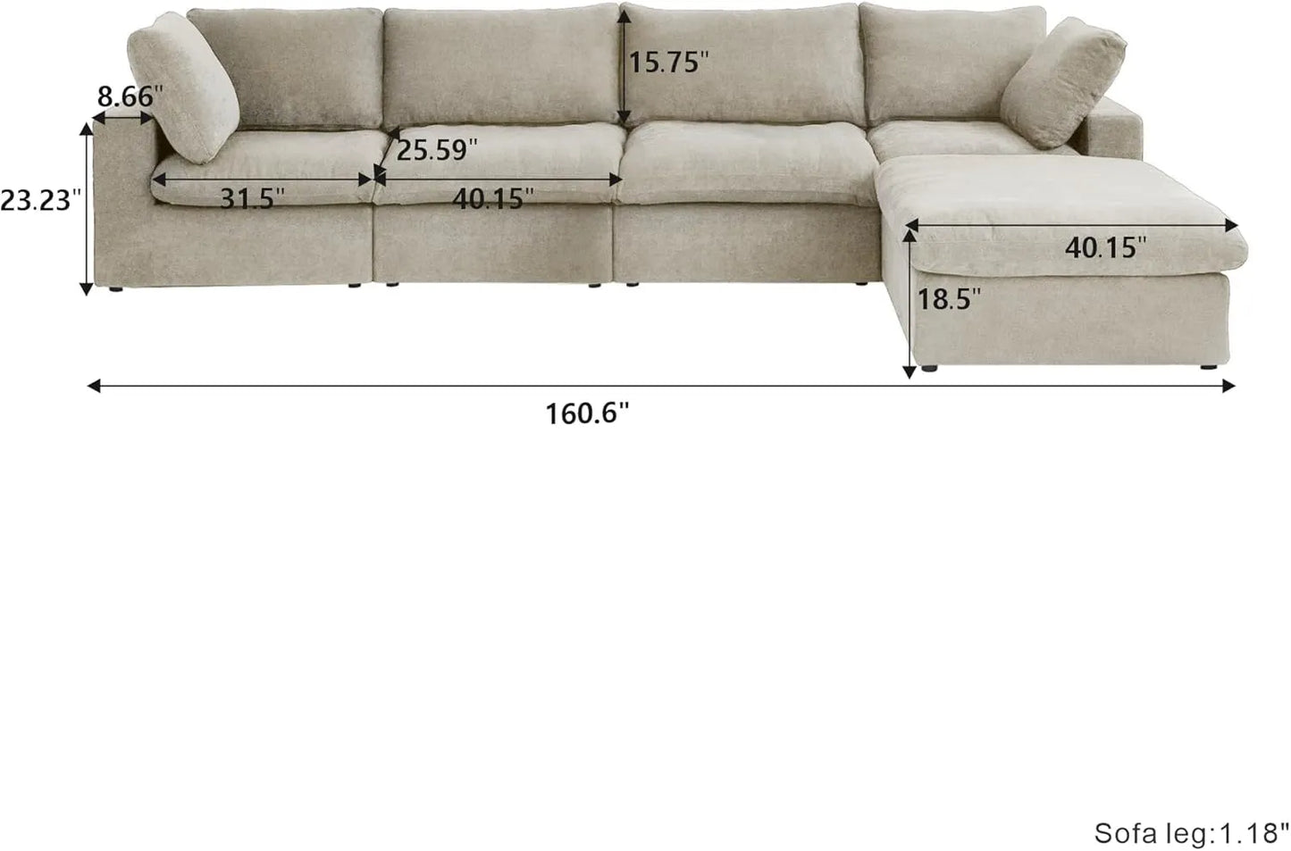 Deluxe Premium Cloud Sectional Sofas | Cotton and Linen Khaki L-Shaped Sectionals 160" Removable & Washable Covers 4-seaters