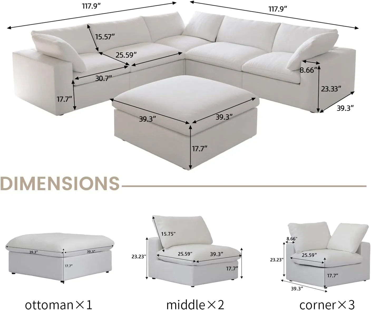 Deluxe Premium Cloud Sectional Sofas | Cotton and Linen White V-shaped Sectionals 160" Removable & Washable Covers 5-seaters