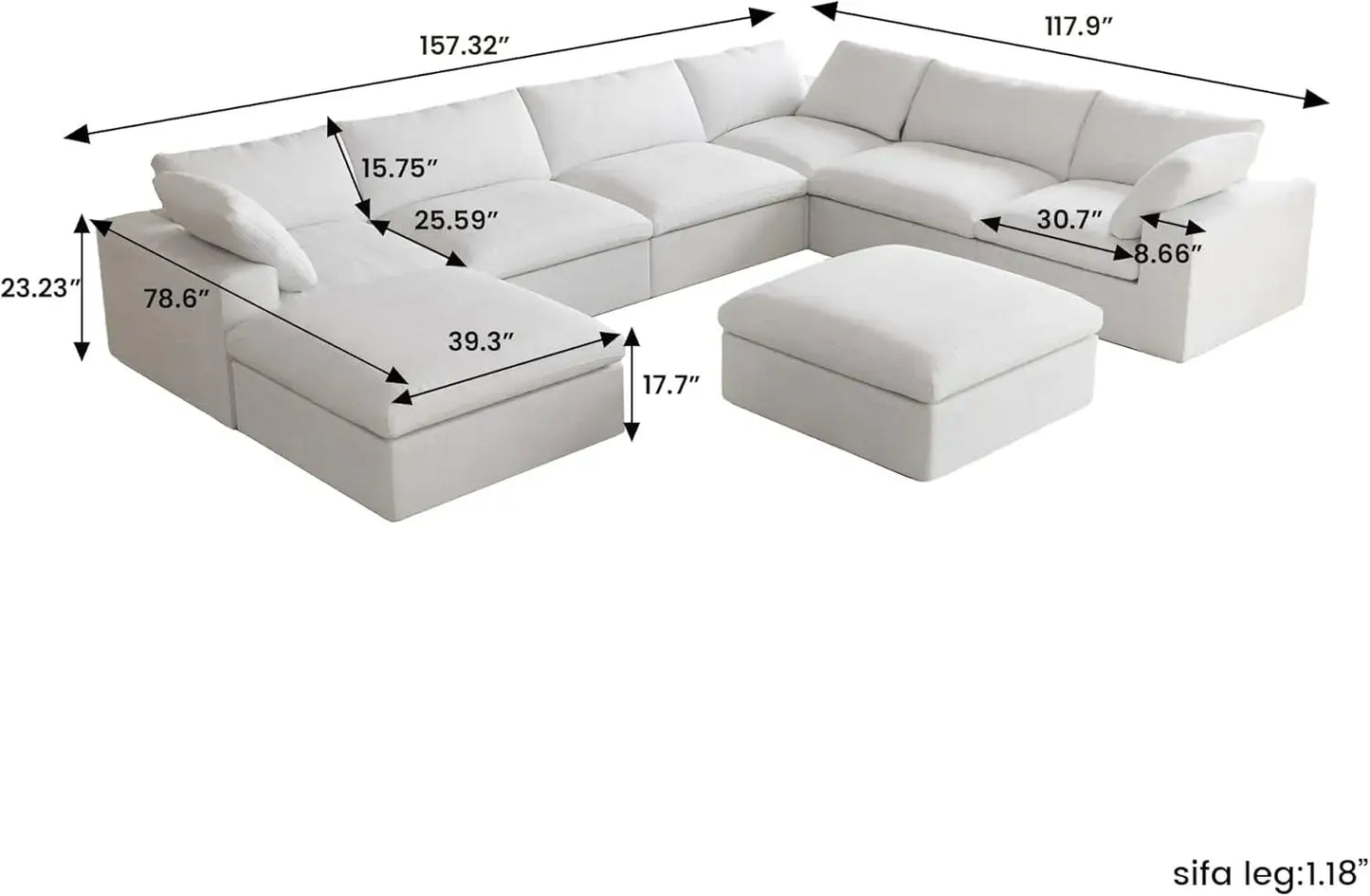 Deluxe Premium Cloud Sectional Sofas | Cotton and Linen White Sofa Sets 160" Flexible Armrest Pillows 6-seaters