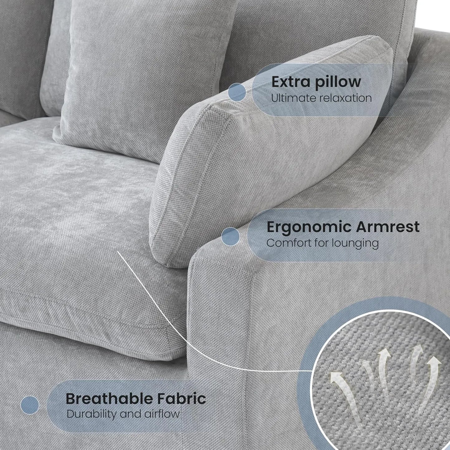 Deluxe Slope Cloud Sectional Sofas | Light Grey Linen Couch Sectionals 3-seaters