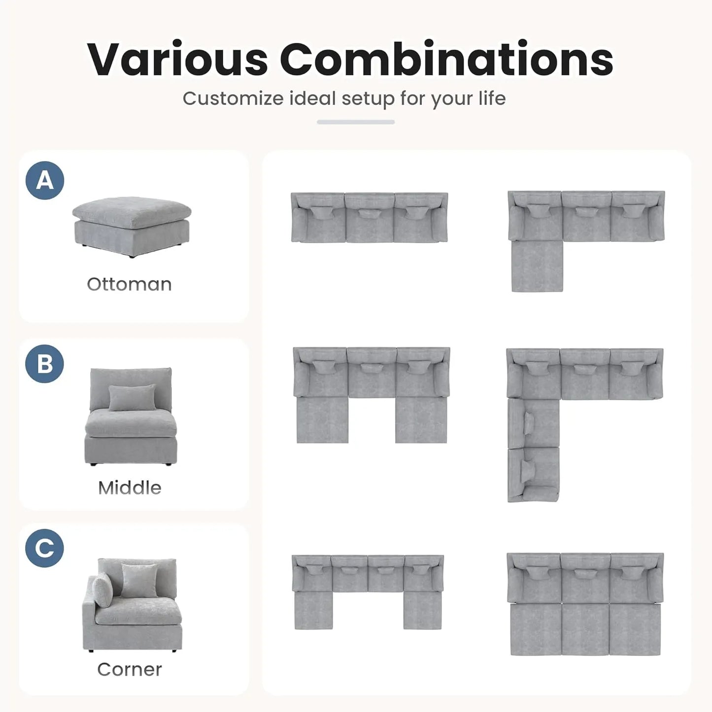 Deluxe Slope Cloud Sectional Sofas | Light Grey Linen Couch Sectionals 3-seaters