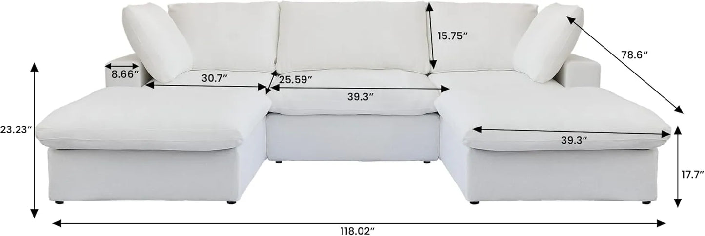 Deluxe Premium Cloud Sectional Sofas | 5-Piece Cotton and Linen White U-shaped Sectionals 120" Removable & Washable Covers 3-seaters