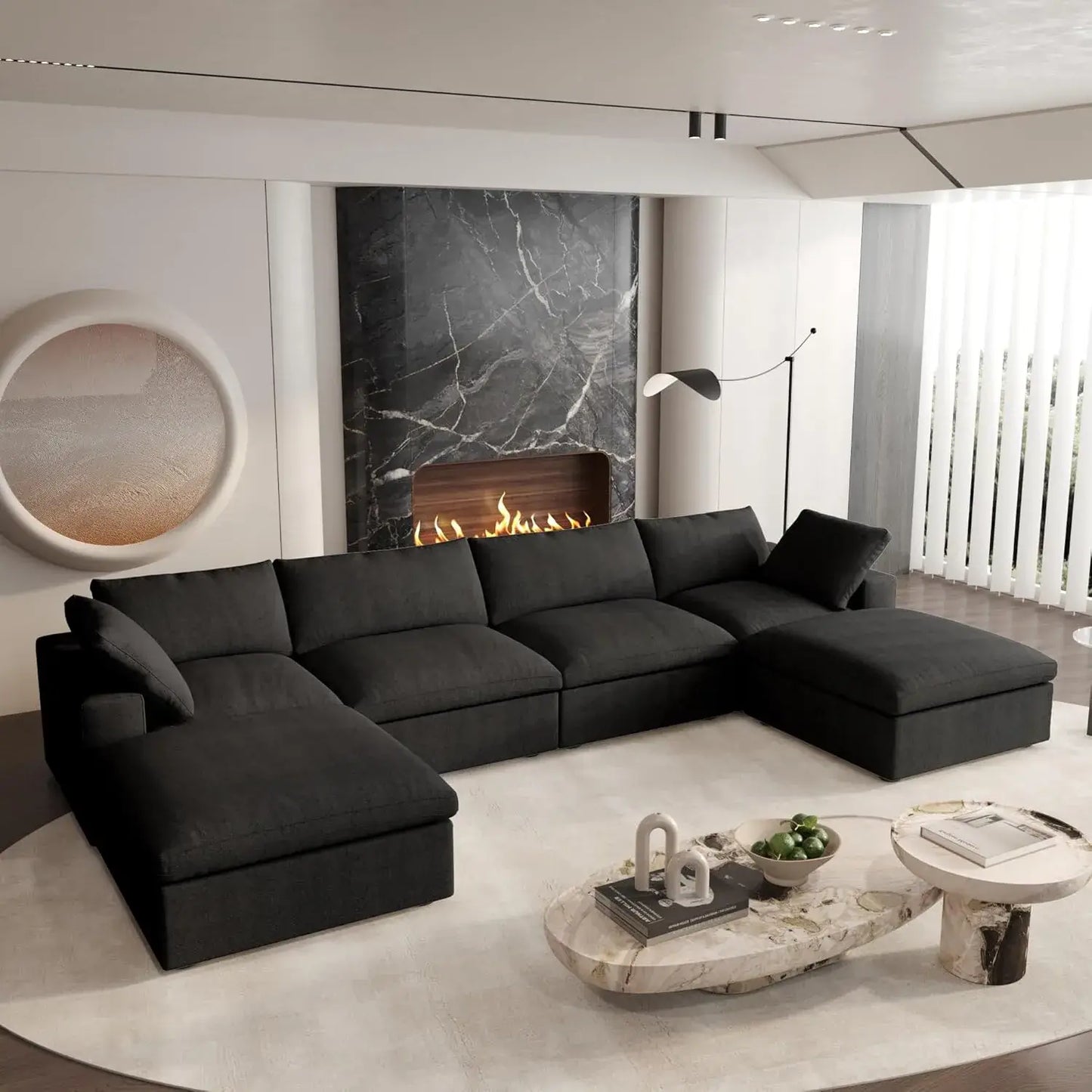 Deluxe Premium Cloud Sectional Sofas | Cotton and Linen Black U-shaped Sectionals 160" Storage Ottoman 4-seaters