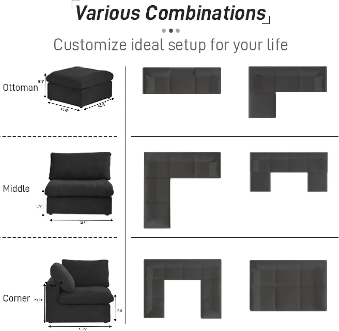 Deluxe Premium Cloud Sectional Sofas | Cotton and Linen Black U-shaped Sectionals 160" Storage Ottoman 4-seaters