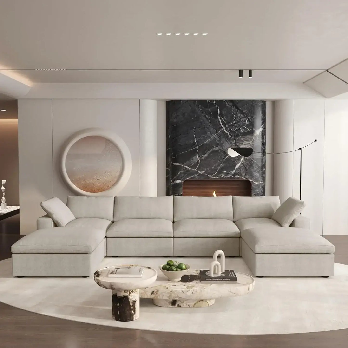 Deluxe Premium Cloud Sectional Sofas | 6-Piece Cotton and Linen Khaki U-shaped Sectionals 160" Cloud-Like Comfort 4-seaters