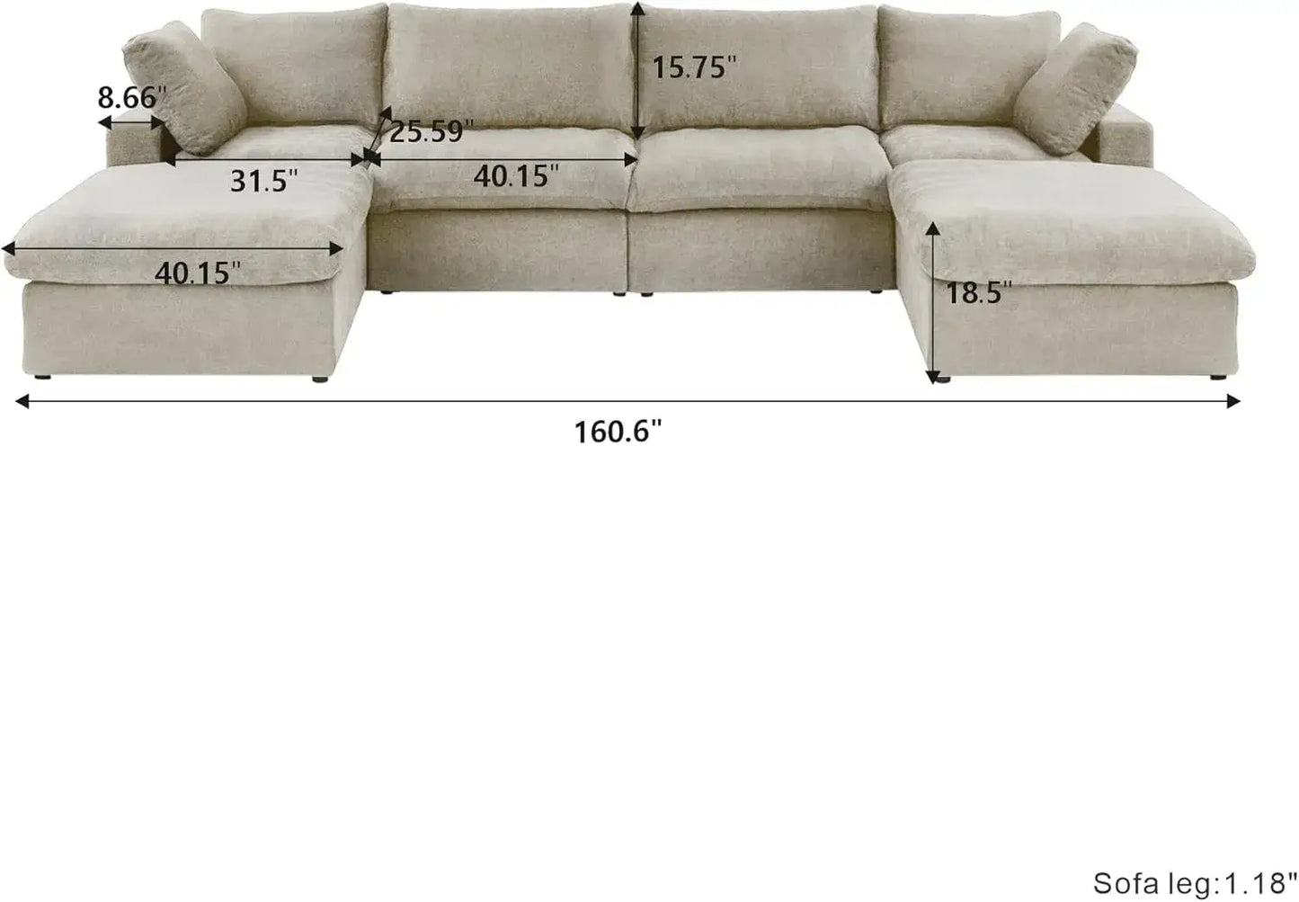 Deluxe Premium Cloud Sectional Sofas | 6-Piece Cotton and Linen Khaki U-shaped Sectionals 160" Cloud-Like Comfort 4-seaters