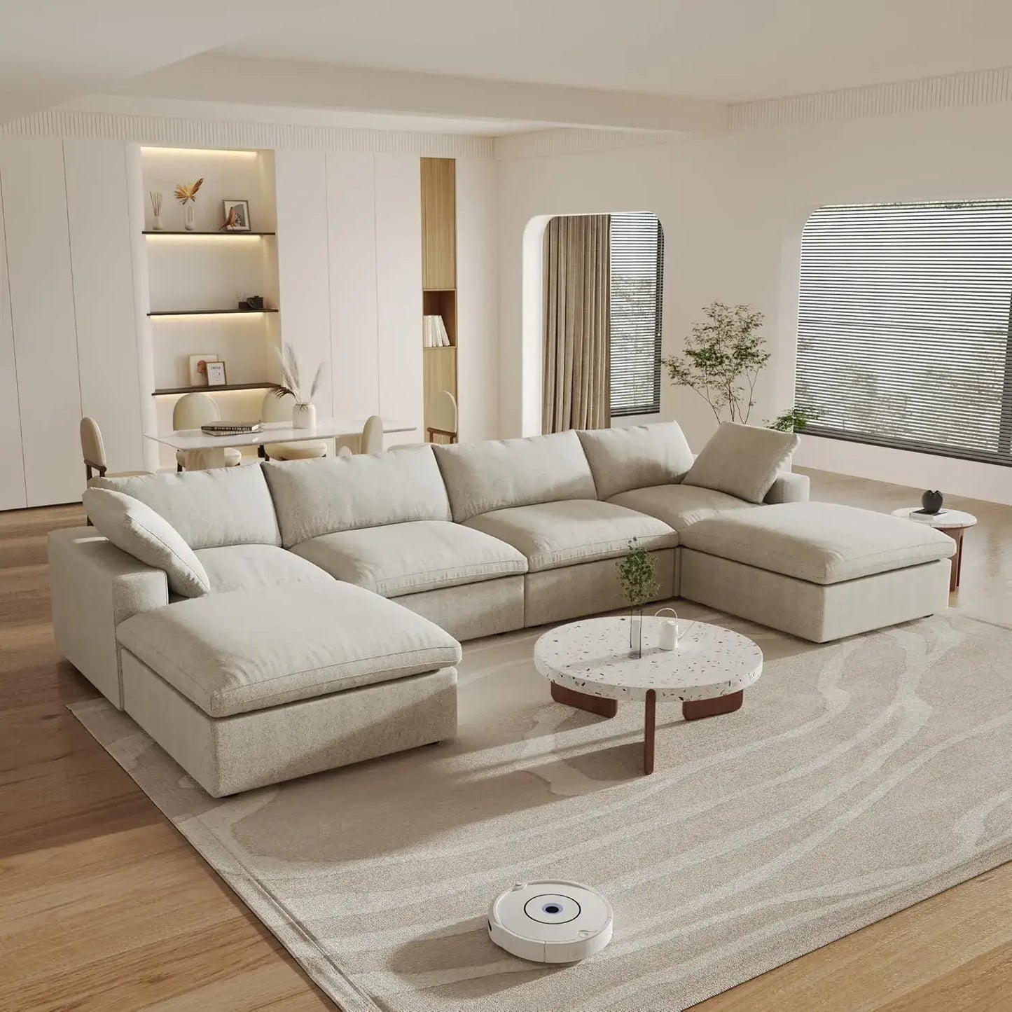 Deluxe Premium Cloud Sectional Sofas | 6-Piece Cotton and Linen Khaki U-shaped Sectionals 160" Cloud-Like Comfort 4-seaters