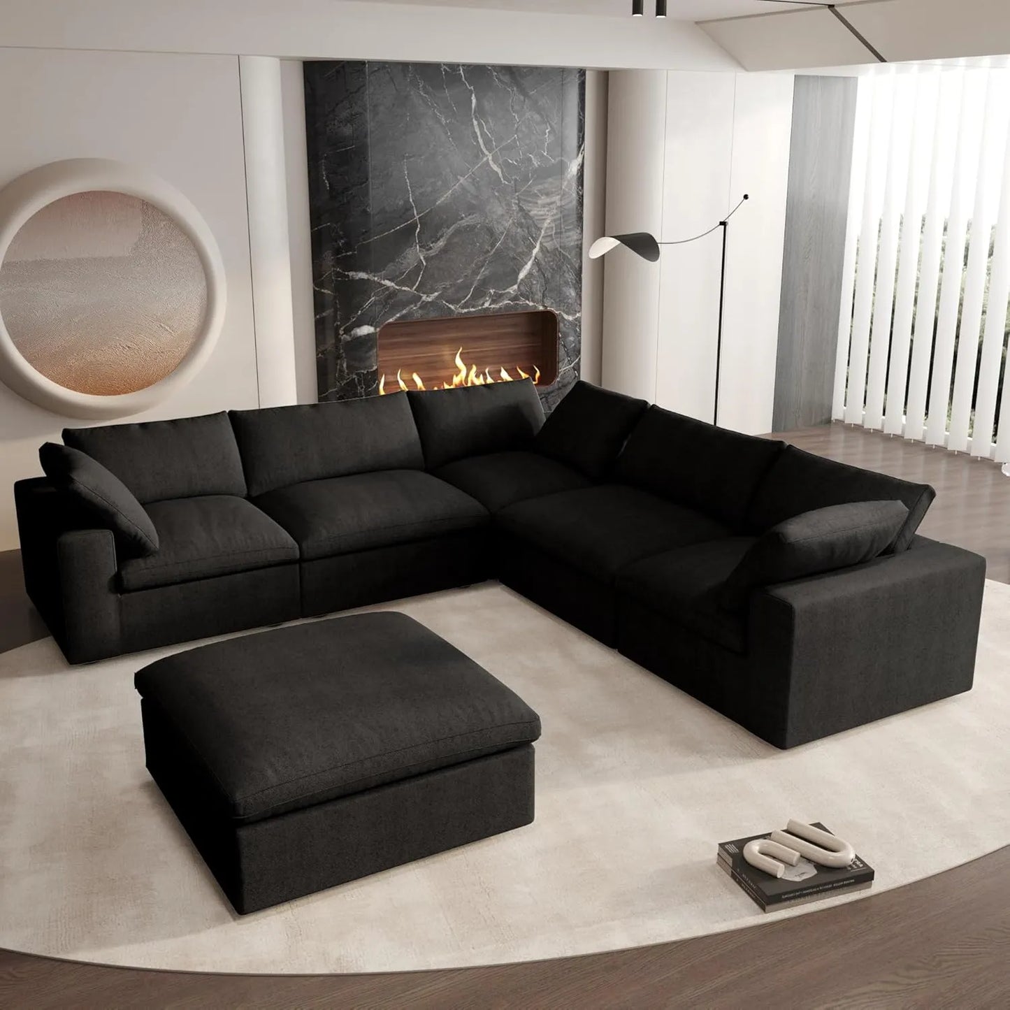 Sofás seccionales Cloud de lujo premium | Seccionales en forma de V de algodón y lino negro de 6 piezas, otomana con almacenaje de 407 cm y 5 plazas