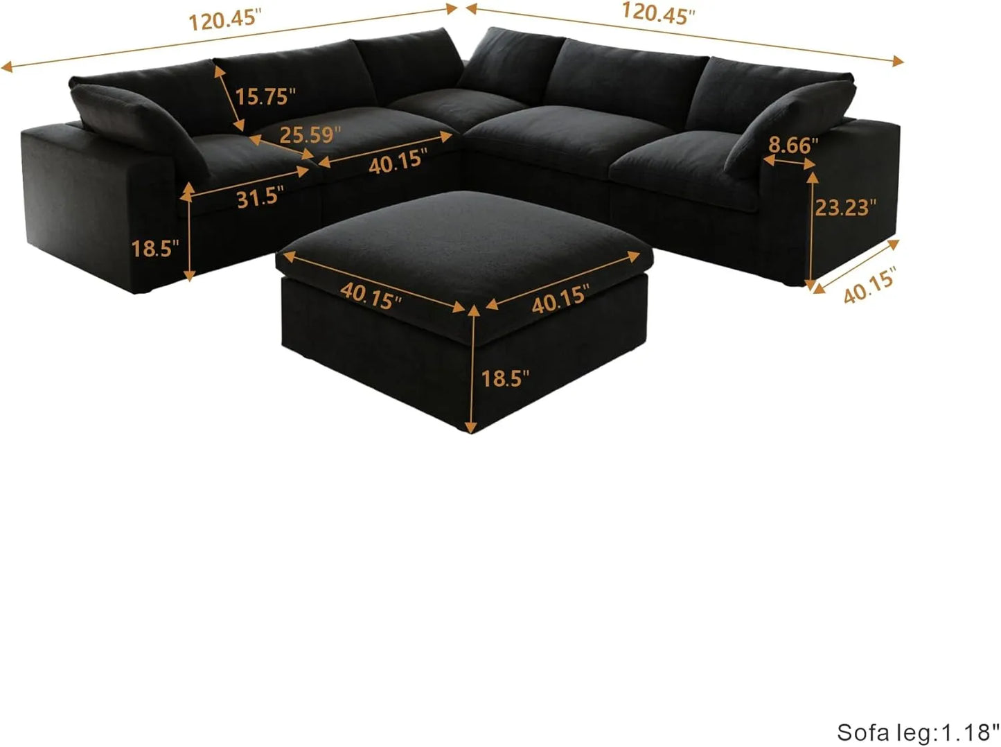 Deluxe Premium Cloud Sectional Sofas | Cotton and Linen Black V-shaped Sectionals 160" Storage Ottoman 5-seaters