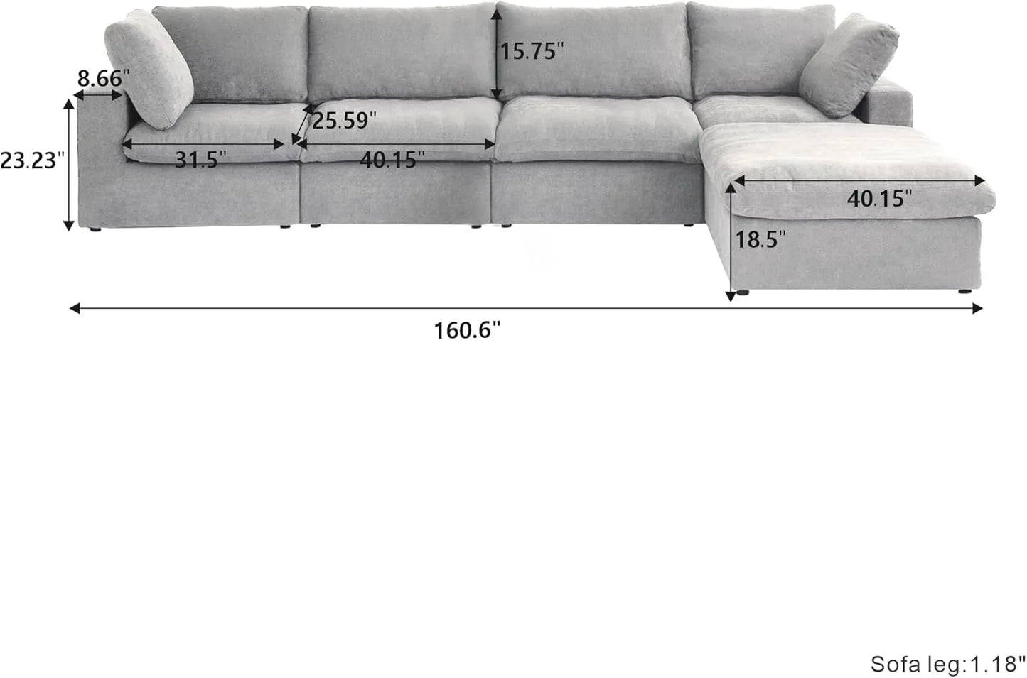 Deluxe Premium Cloud Sectional Sofas | Cotton and Linen Light Grey L-Shaped Sectionals 160" Removable & Washable Covers 4-seaters
