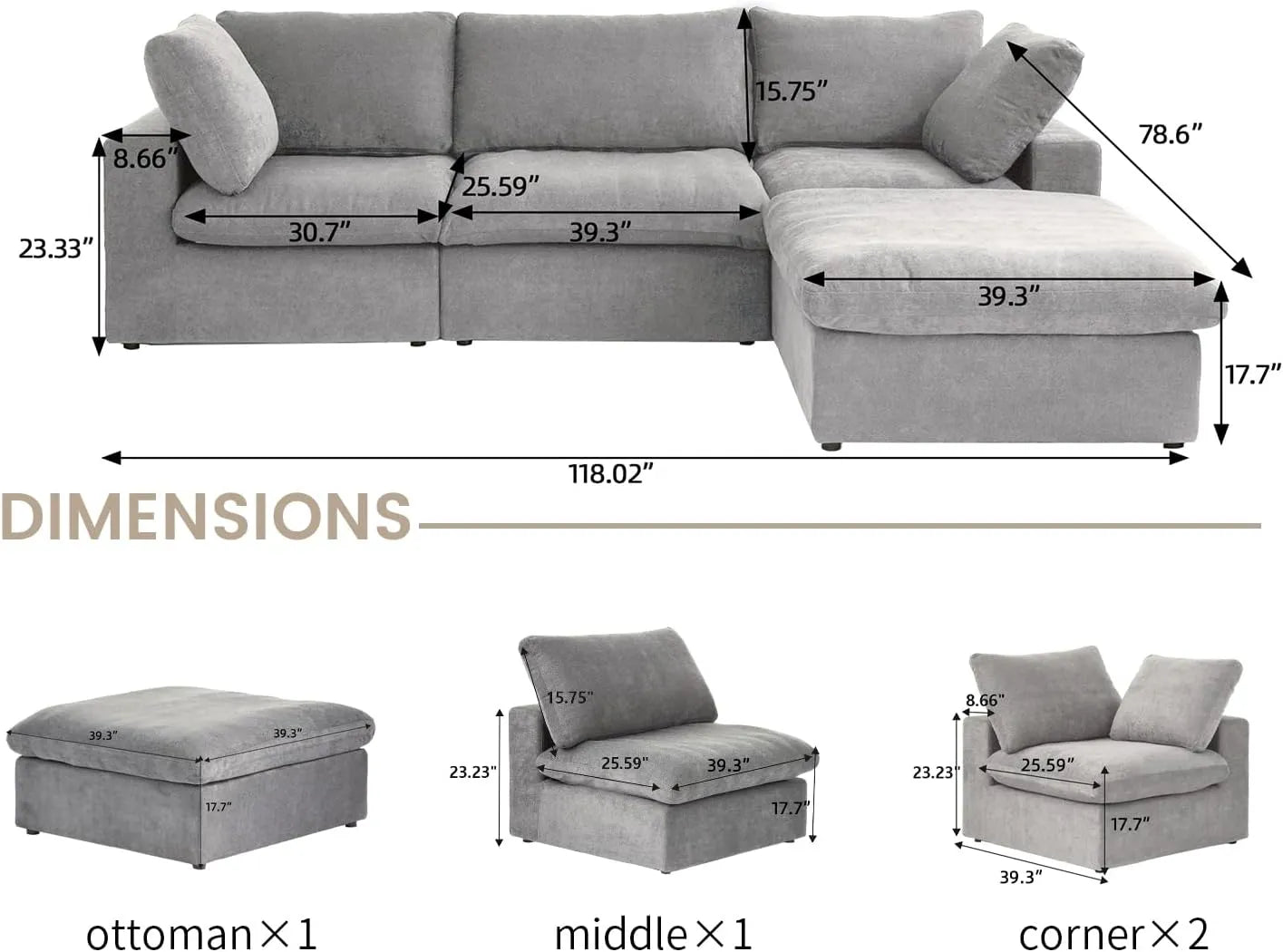 Deluxe Premium Cloud Sectional Sofas | Cotton and Linen Light Grey L-Shaped Sectionals 120" Removable & Washable Covers 3-seaters