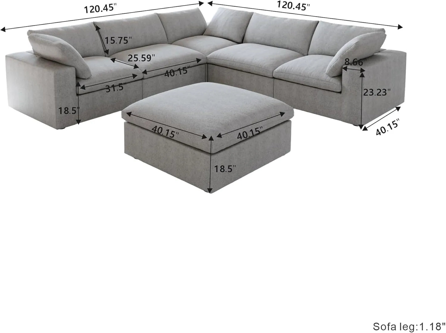 Deluxe Premium Cloud Sectional Sofas | 6-Piece Cotton and Linen Light Grey V-shaped Sectionals 160" Cloud-Like Comfort 5-seaters
