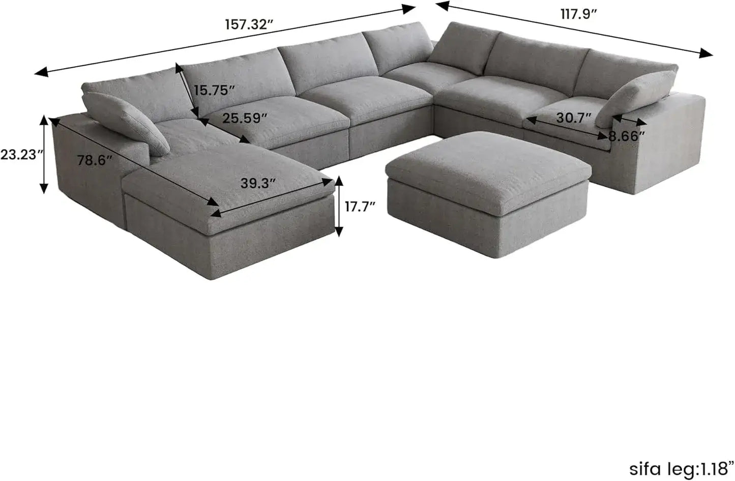 Deluxe Premium Cloud Sectional Sofas | 8-Piece Cotton and Linen Light Grey Sofa Sets 120" Cloud-Like Comfort 6-seaters