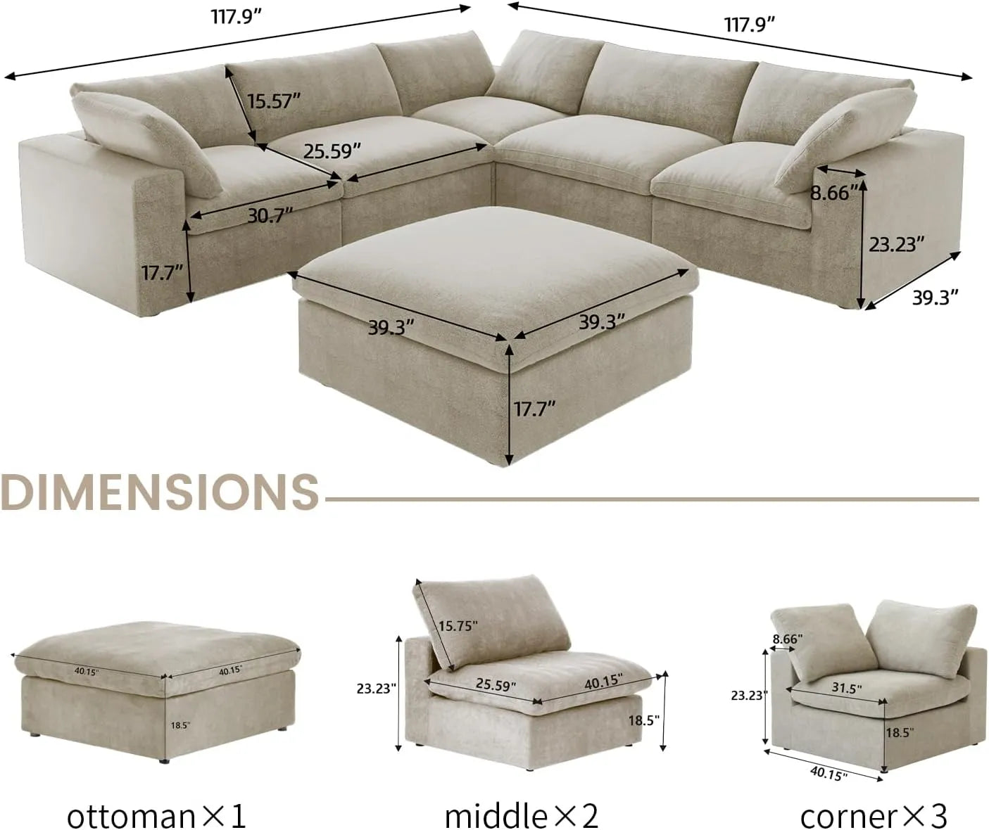 Deluxe Premium Cloud Sectional Sofas | Khaki Cotton and Linen U shaped Sectionals 5-seaters with 1 Ottoman