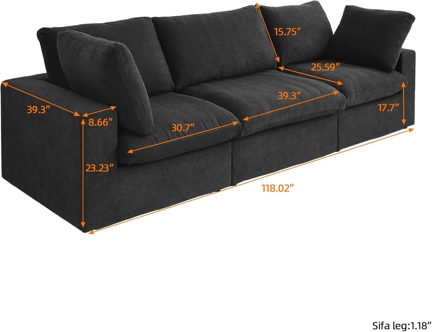 Deluxe Premium Cloud Sectional Sofas | Cotton and Linen Black Couch Sectionals 120" Flexible Armrest Pillows 3-seaters