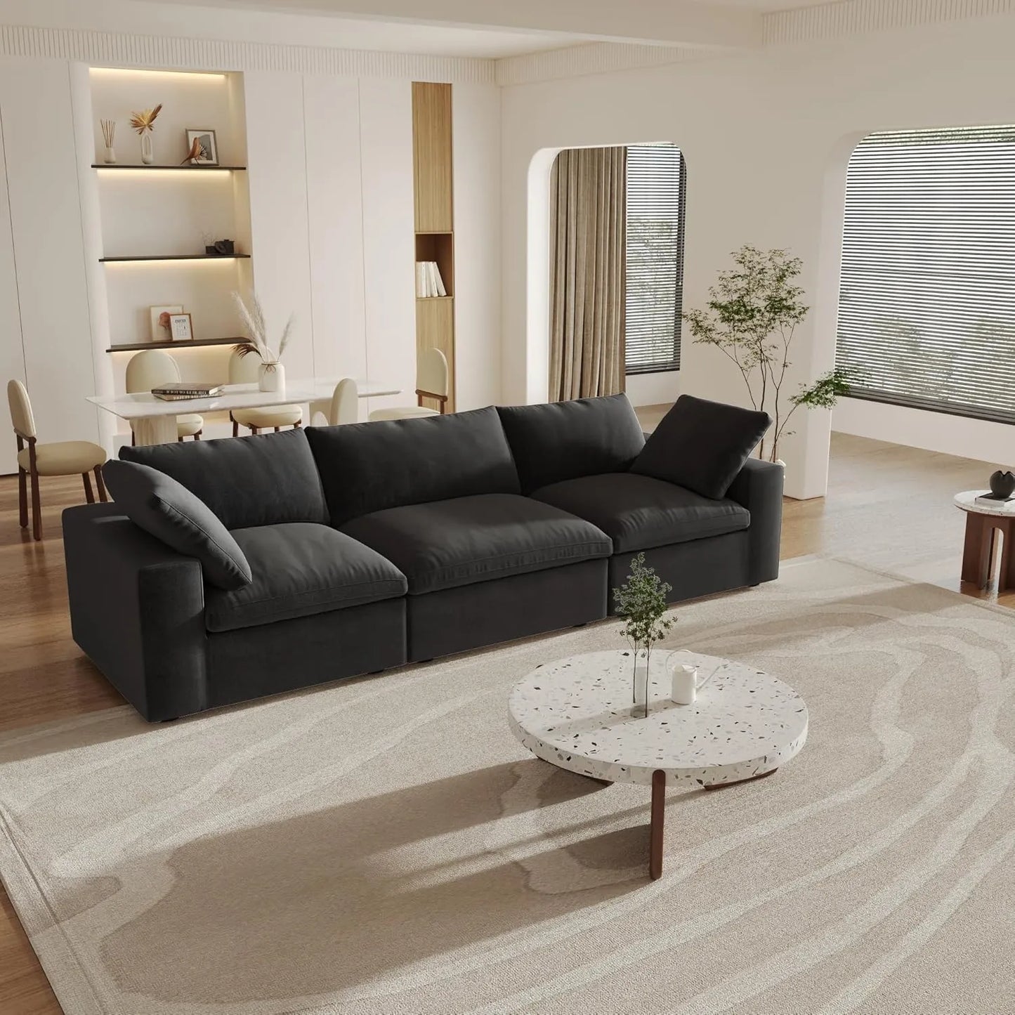 Sofás seccionales Deluxe Premium Cloud | Sofá seccional de 3 piezas de algodón y lino negro, 3 plazas, 120" con reposabrazos flexibles y almohadas