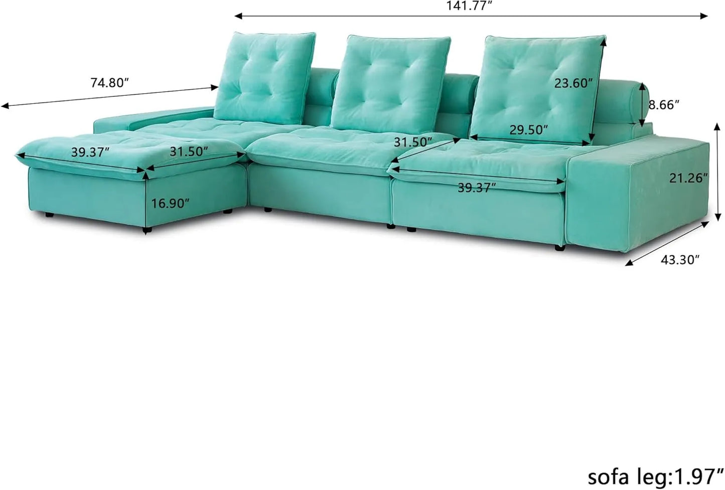 Deluxe Adjustable Cloud Sectional Sofas | Tiffany Blue Frosted Velvet Couch Sectionals 3-seaters with 1 Ottoman