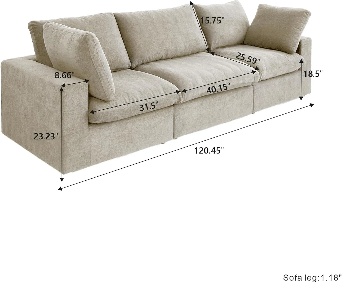Deluxe Premium Cloud Sectional Sofas | 3-Piece Cotton and Linen Khaki Couch Sectionals 120" Cloud-Like Comfort 3-seaters