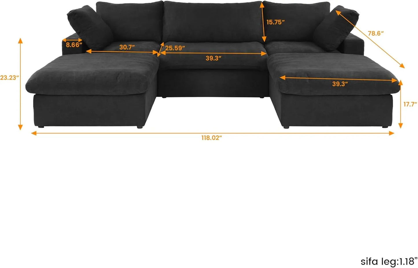 Deluxe Premium Cloud Sectional Sofas | Cotton and Linen Black U-shaped Sectionals 120" Removable & Washable Covers 3-seaters