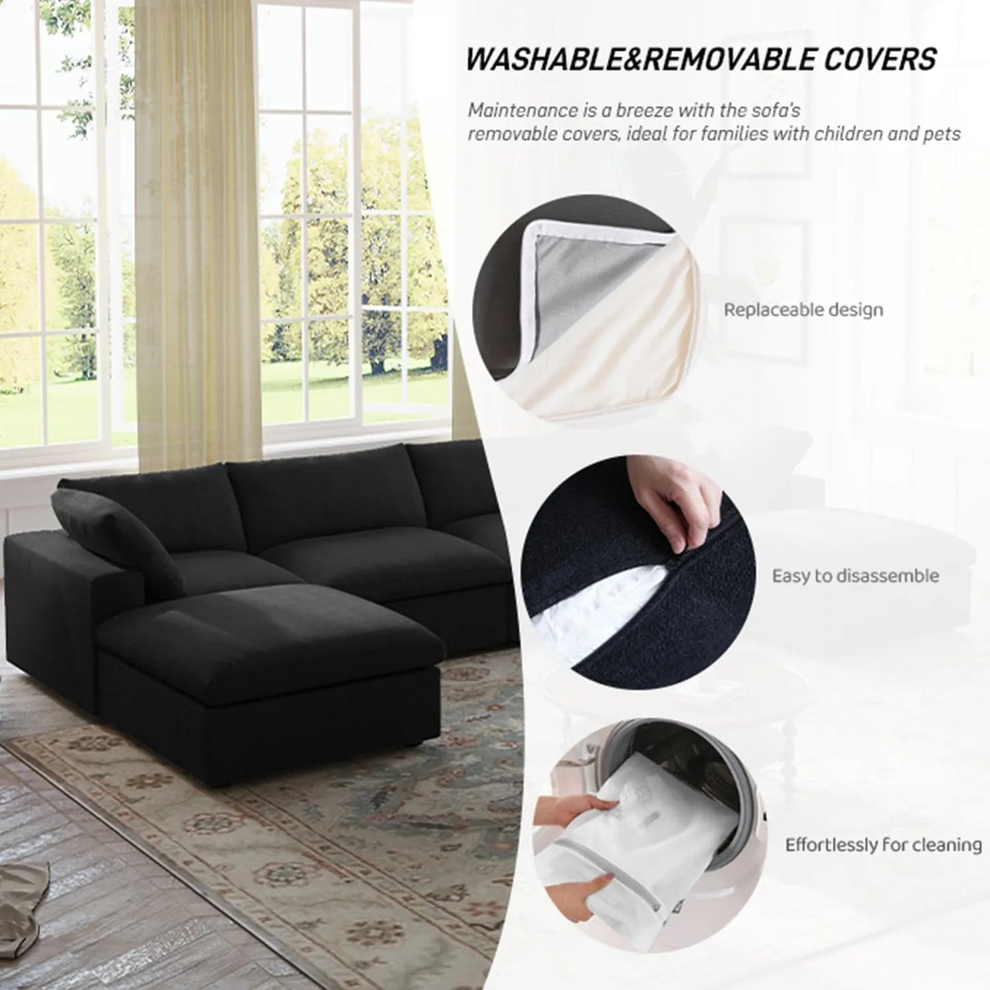 Deluxe Premium Cloud Sectional Sofas | Cotton and Linen Black U-shaped Sectionals 120" Removable & Washable Covers 3-seaters