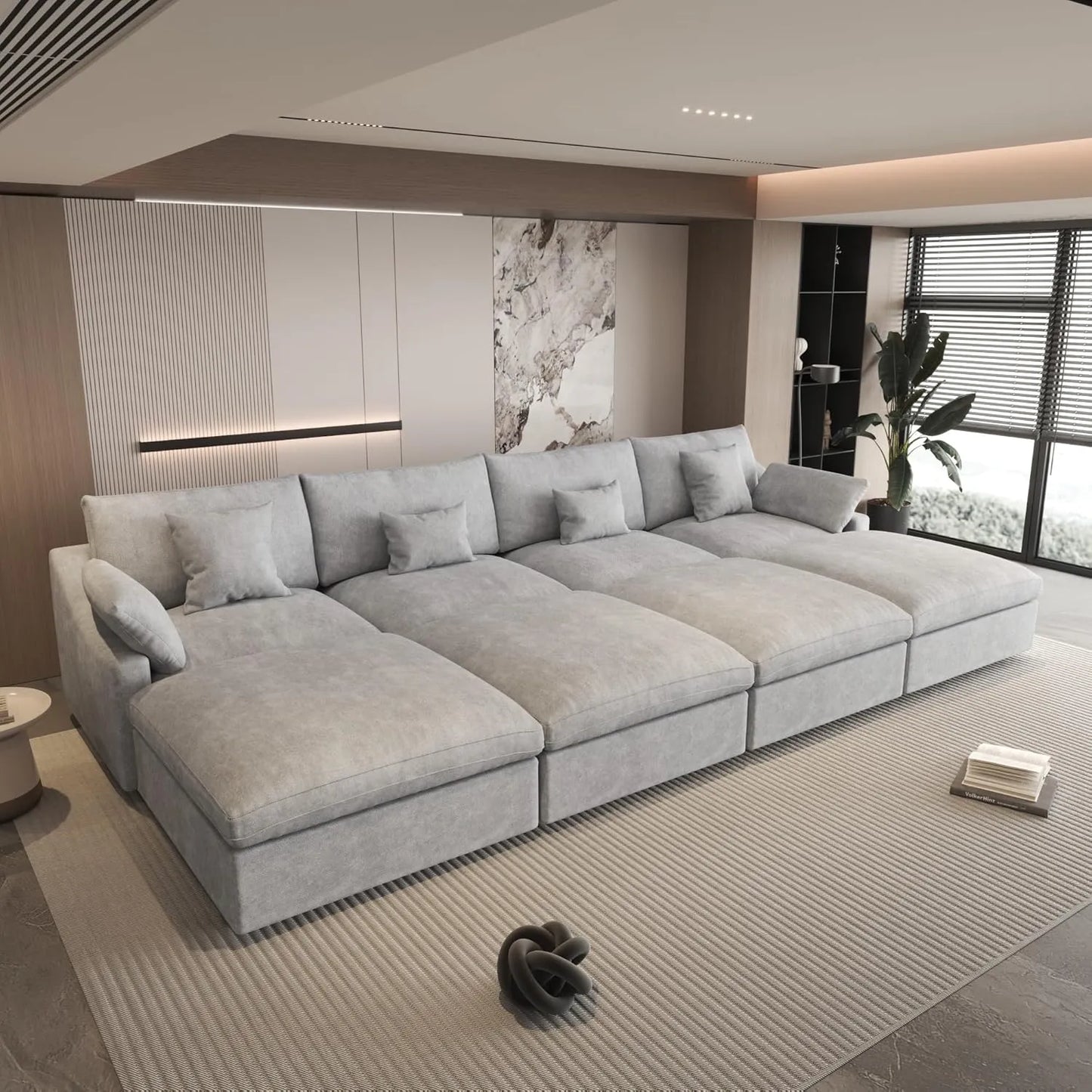 Sofás seccionales Deluxe Slope Cloud | Seccionales Pit de lino gris claro de 8 piezas, 4 plazas, 160" con respaldo ajustable y cojines