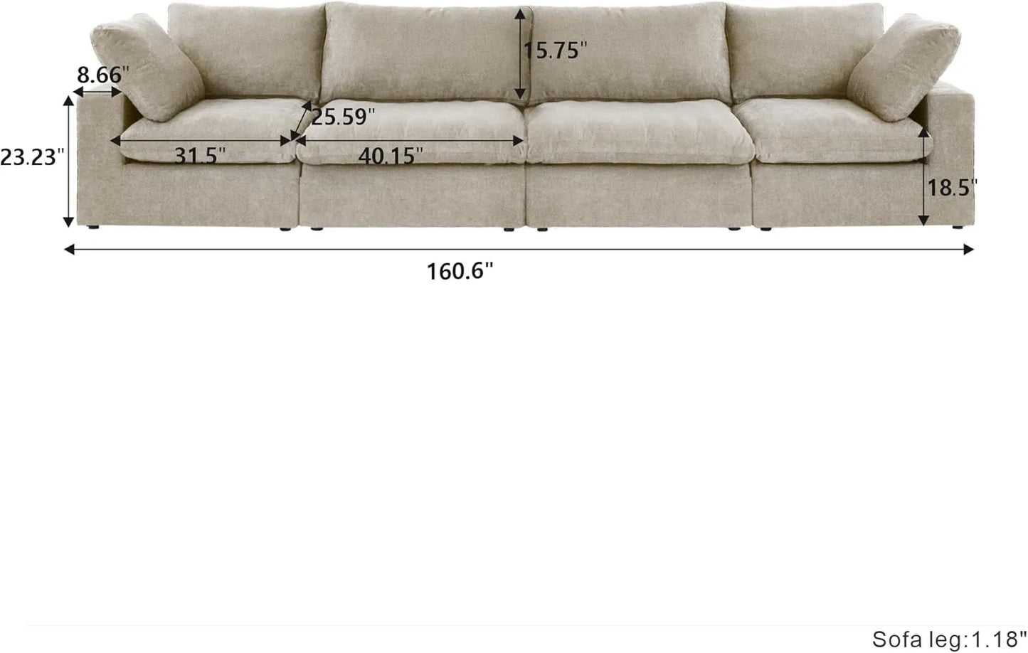 Deluxe Premium Cloud Sectional Sofas | 4-Piece Cotton and Linen Khaki Couch Sectionals 160" Storage Ottoman 4-seaters
