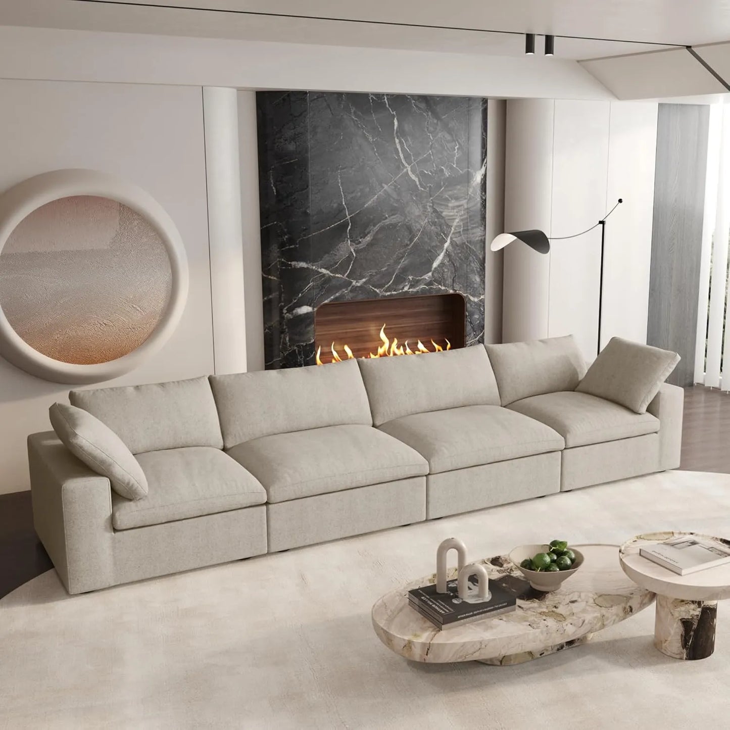 Deluxe Premium Cloud Sectional Sofas | 4-Piece Cotton and Linen Khaki Couch Sectionals 160" Storage Ottoman 4-seaters