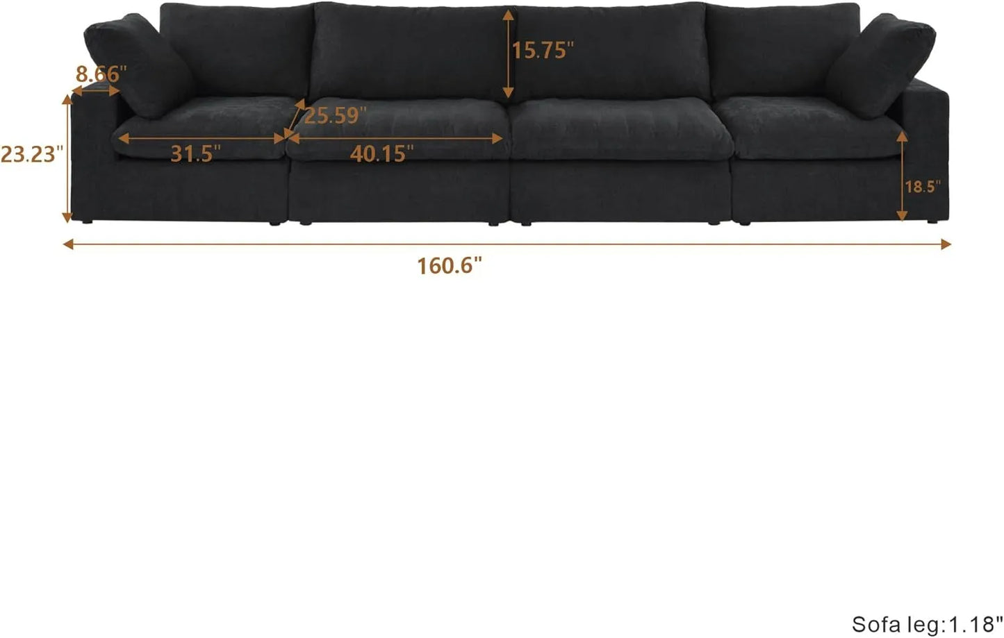 Deluxe Premium Cloud Sectional Sofas | Cotton and Linen Black Couch Sectionals 160" Storage Ottoman 4-seaters
